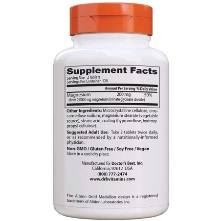 Magneziu, Doctor's Best, 100% Chelat, Absorbtie Rapida, pentru Sistem Osos, Cardiovascular, Muscular, Nervos, 100mg, 240tb