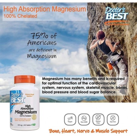 Magneziu, Doctor's Best, 100% Chelat, Absorbtie Rapida, pentru Sistem Osos, Cardiovascular, Muscular, Nervos, 100mg, 240tb