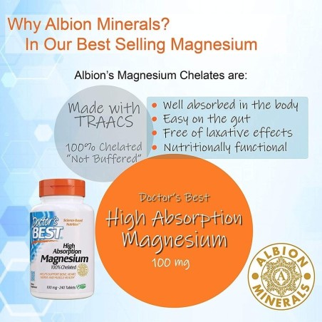 Magneziu, Doctor's Best, 100% Chelat, Absorbtie Rapida, pentru Sistem Osos, Cardiovascular, Muscular, Nervos, 100mg, 240tb