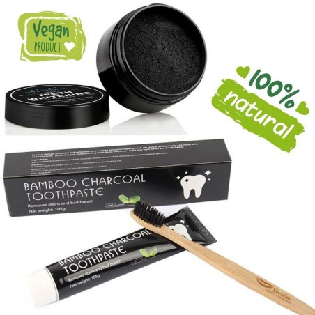 Set Albirea Dintilor, Advanced Teeth Whitening, Periuta Bambus, Pasta Carbune Activ 105gr, Pulbere Carbune Activ 30gr
