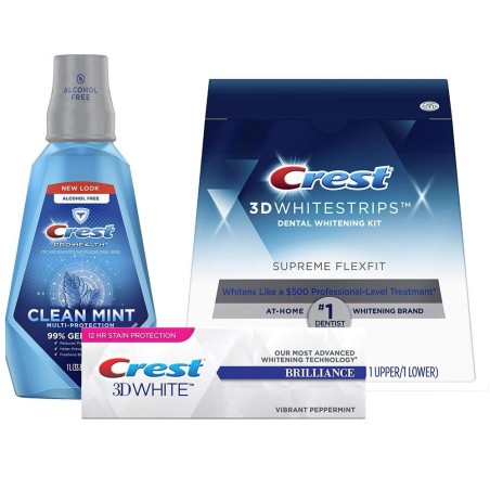 Set of 21x Teeth Whitening Strips, Crest 3D White, Supreme Bright, 1x Toothpaste, 110gr, 1x Mouthwash, 1000ml