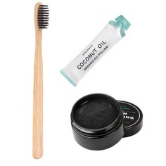 Set Albirea Dintilor, Teeth Whitening, Periuta Bambus, Ulei Cocos, Pulbere Naturala cu carbune activ, 30gr