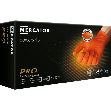 Box of 50x Nitrile Gloves, Mercator, Powergrip, Single Use, Powder Free, Allergen Free, Orange