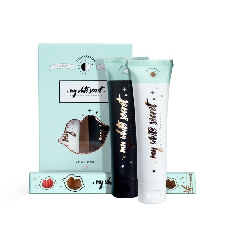 Set 2x Paste de Dinti, My White Secret, Zi si Noapte, Vegan Friendly, Periuta Cadou, 2x65ml