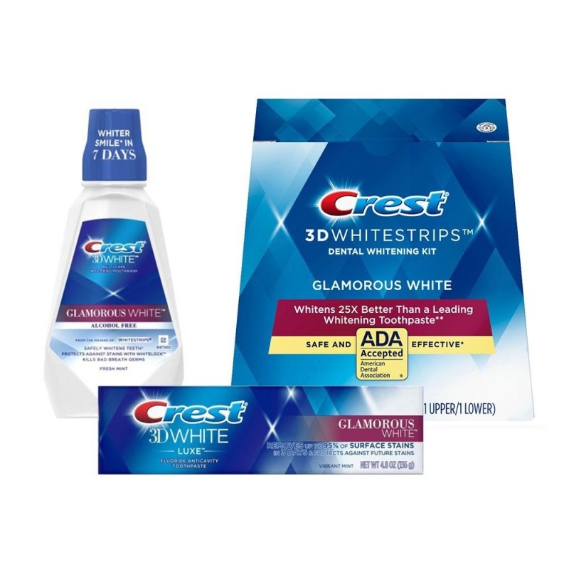 Set 14x Benzi Albirea Dintilor, Crest 3D White, Glamorous White, 1x Pasta de Dinti 116gr, 1x Apa de Gura 946ml
