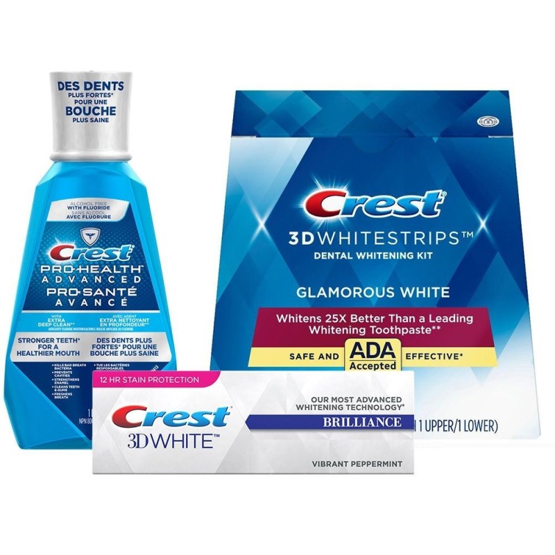 Set 14x Benzi Albirea Dintilor, Crest 3D White, Glamorous White, 1x Pasta de Dinti 110gr, 1x Apa de Gura 1000ml
