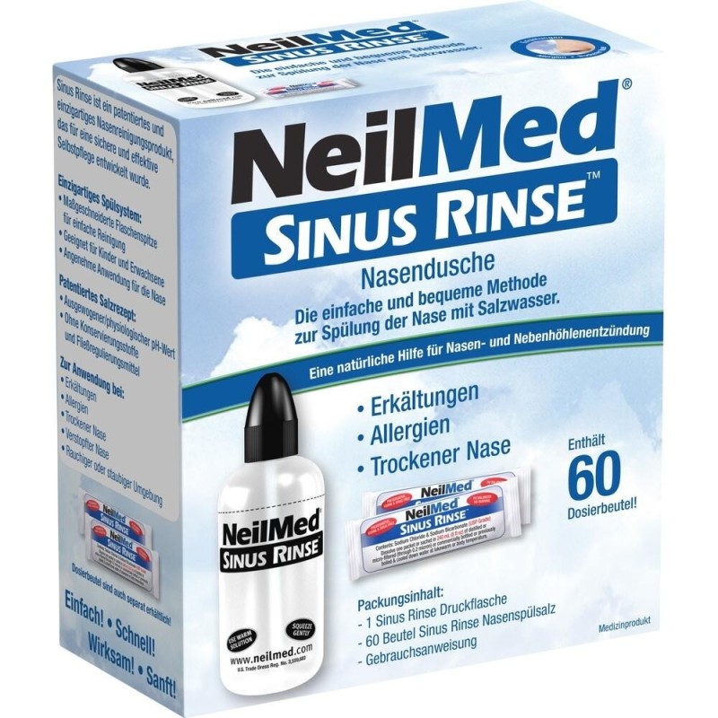 Set Irigator Nazal si Solutie Salina, Neilmed, Sinus Rinse, Curatare Sinusuri, Decongestie Nazala, 240ml, 60 plicuri (2.4gr)