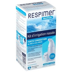 Set Irigator Nazal si Solutie Salina, Respimer, NetiFlow, Curatare Sinusuri, Decongestie Nazala, 240ml, 6 plicuri (4gr)