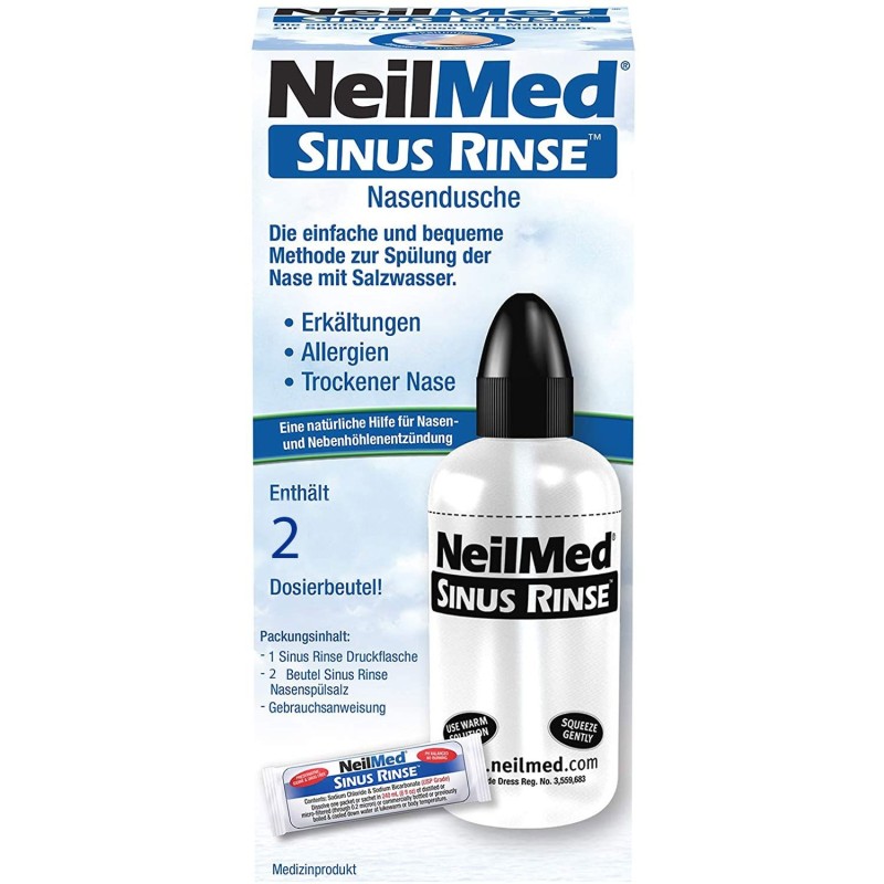 Set Irigator Nazal si Solutie Salina, Neilmed, Sinus Rinse, Curatare Sinusuri, Decongestie Nazala, 240ml, 2 plicuri x 2.4gr