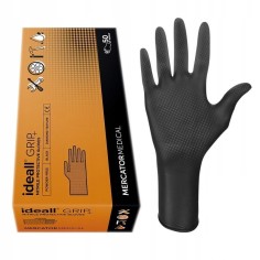 Set of 50 gloves Ideall Grip+ Black, Nitrile, powder-free, thick, diamond structure, black, size XL