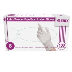 Box of 100x Latex Gloves, Serix, Single Use, Textured, Powder Free, White, Size S