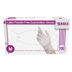 Box of 100x Latex Gloves, Serix, Single Use, Textured, Powder Free, White, Size M