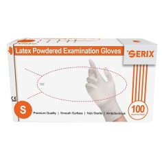 Box of 100x Latex Gloves, Serix, Single Use, Textured, Lightly Powdered, White, Size S