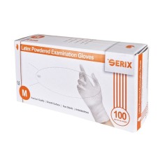 Box of 100x Latex Gloves, Serix, Single Use, Textured, Lightly Powdered, White, Size M