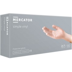 Box of 100x Vinyl Gloves, Mercator, Simple Vinyl, Single Use, Allergen Free, Semi-Transparent, Slightly Powdered, Size S