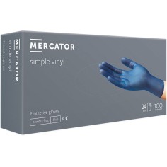 Box of 100x Vinyl Gloves, Mercator, Simple Vinyl, Single Use, Allergen Free, Blue, Powder Free, Size S