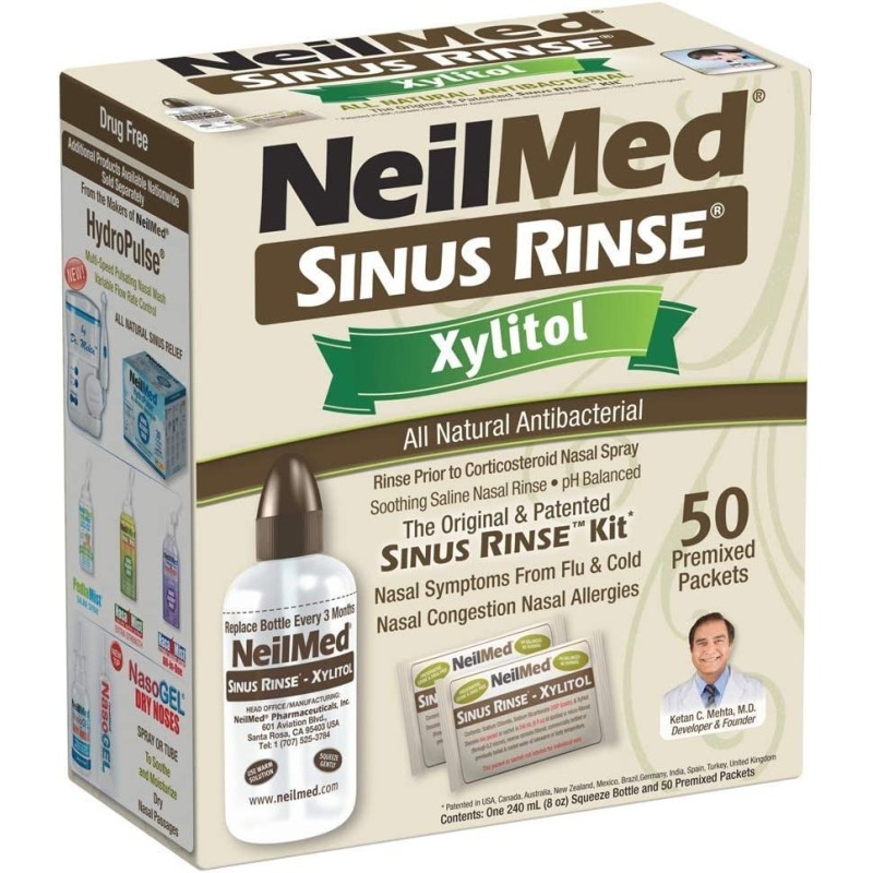 Set Irigator Nazal si Solutie Salina, NeilMed, Sinuse Rinse, pentru Curatare Sinusuri si Decongestie Nazala, cu Xylitol, Capacit