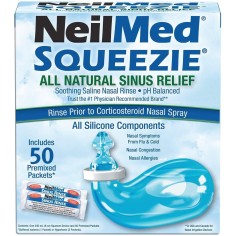 Set Irigator Nazal si Solutie Salina, NeilMed, Squeeze, Forma Compacta,  Curatare Sinusuri si Nas, 240ml, 50 plicuri x 2.4gr