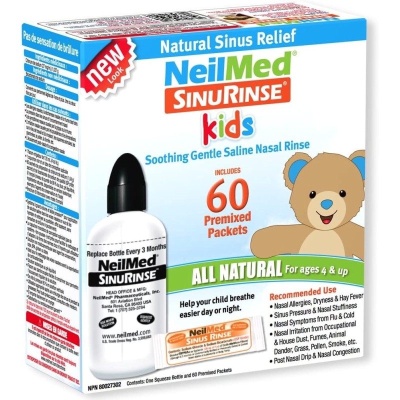 Set Irigator Nazal si Solutie Salina pentru Copii, Neilmed, Sinus Rinse, Curatare Sinusuri, Decongestie Nazala, 120ml, 60 plic