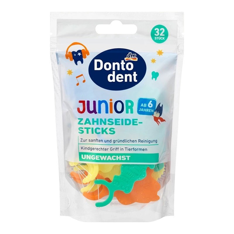 Set Ata Dentara pentru Copii, Dontodent, Junior, Tip Scobitoare, Curatare Delicata, Foarte Rezistenta, Aroma Fructe, 32 buc
