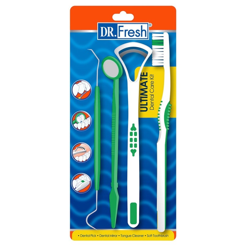Set Igiena Orala, Dr. Fresh, pentru Curatare Dinti si Limba, din 4 Piese, culoare Verde