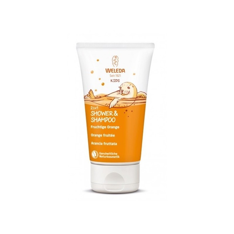 Gel de Dus si Sampon 2 in 1, Weleda, Kids, cu Ulei de Susan pentru Hidratare, Aroma Portocale, 150ml