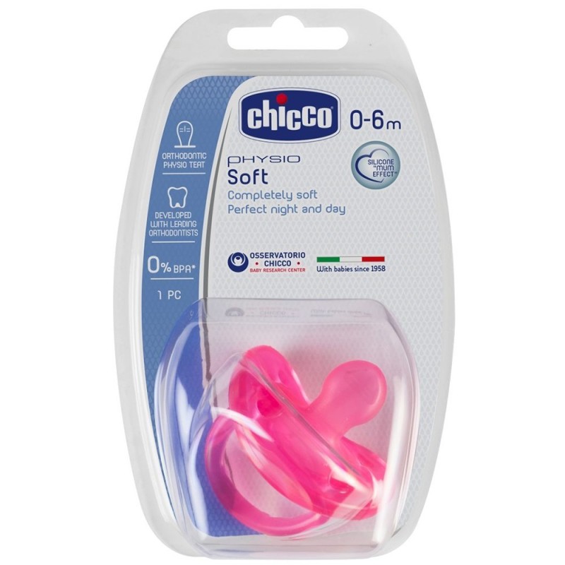 Suzeta, Chicco, Physio Soft, Monobloc, Ortodontica, Varsta 0-6 Luni, Fara BPA, Culoare Roz