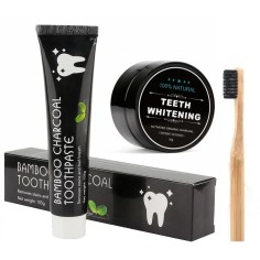 Set Albirea Dintilor, Advanced Teeth Whitening, Periuta Bambus, Pasta Carbune Activ 105gr, Pulbere Carbune Activ 30gr