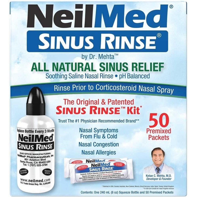 Set Irigator Nazal si Solutie Salina, Neilmed, Sinus Rinse, Curatare Sinusuri, Decongestie Nazala, 240ml, 50 plicuri (2.4gr)