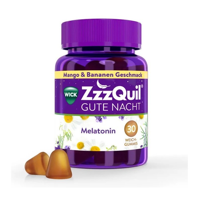 Supliment Alimentar, ZzzQuil, cu Melatonina, Musetel si Lavanda, cu aroma de Mango si Banane, pentru Somn Linistit, 30 jeleuri