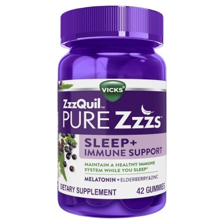 Supliment Alimentar, ZzzQuil, cu Melatonina si Zinc, pentru Somn Linistit si Imunitate, Aroma de Soc, 42 jeleuri