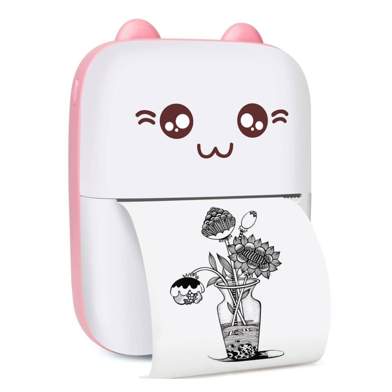 Imprimanta Termica, Zamo®, Pink Kitten, Portabila, Rola 57mm x 5m, Bluetooth, 1000mAh, 203 DPI, Aplicatie Android, iOS, Roz