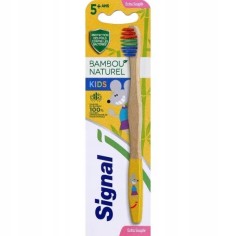 Periuta de Dinti pentru Copii, Signal, Bamboo Kids, Efect Multi-Protectie, Varsta 5+ Ani, Soft, Maner Lemn si Peri Colorati