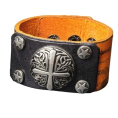 Men's Bracelet, Zamo®, Attila, from Ecological Leather, Medieval Cross Model, Brown and Silver