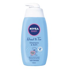 Sampon si Spuma de Baie, Nivea Baby, Head to Toe, fara Lacrimi, Curata Delicat Parul, 0+ Luni, 500ml