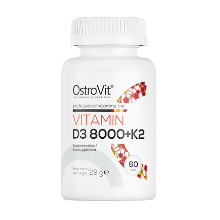 Supliment Alimentar, OstroVit, Vitamina D3 + K2, 8000IU, Sustine Sistemul Imunitar si Osos, 60 capsule