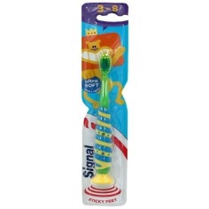 Periuta de Dinti Copii, Signal, Sticky Feet, cu Ventuza, Ultra Soft, 3-8 Ani, Culoare Verde cu Galben si Albastru