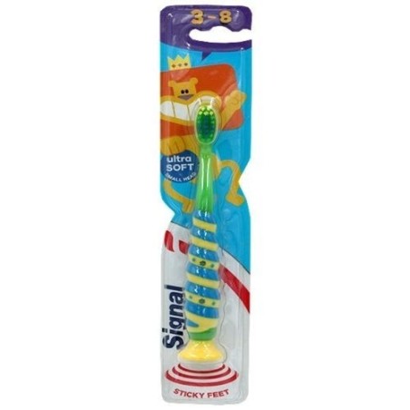 Periuta de Dinti Copii, Signal, Sticky Feet, cu Ventuza, Ultra Soft, 3-8 Ani, Culoare Verde cu Galben si Albastru