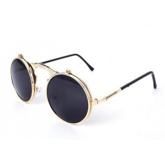 Ochelari de Soare, Zamo®, Steampunk, Flip-Flop Wheatfield, Protectie UV400, Model Rotund, Rama Aurie, Lentile Negre