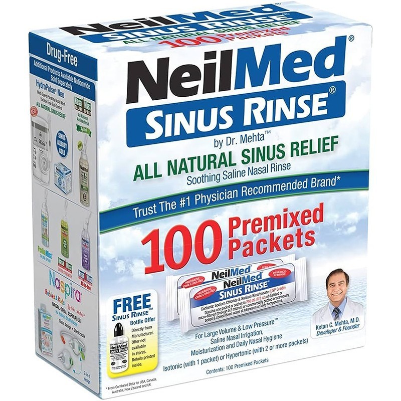 Set Solutie Salina, Neilmed, Sinus Rinse, Curatare Sinusuri, Decongestie Nazala, 240ml, 100 plicuri x 2.4gr