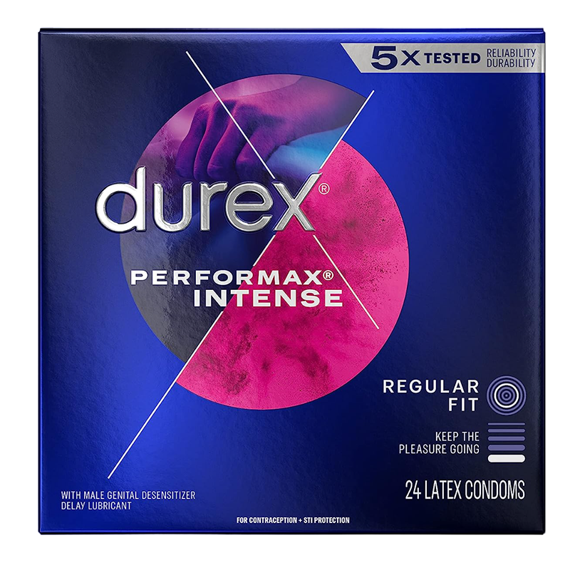 Set 24x Prezervative, Durex, Performax Intense, din Latex, Regular Fit, Lubrifiate, Striate si Punctate, Diametru 56mm