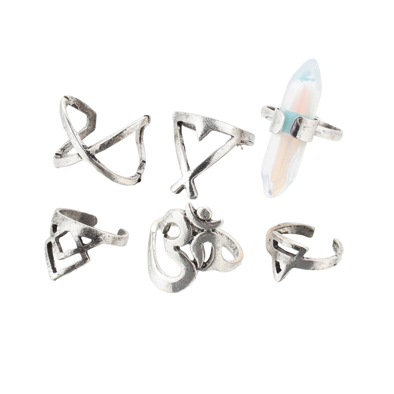 Set 6x Inele Dama, Zamo®, Bohemian, din Aliaj si Pietre Nepretioase, Diverse Dimensiuni, Culoare Argintie