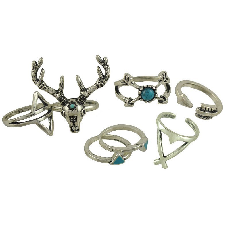 Set 7x Inele Dama, Zamo®, Bohemian, din Aliaj si Pietre Nepretioase, Diverse Dimensiuni, Culoare Argintie