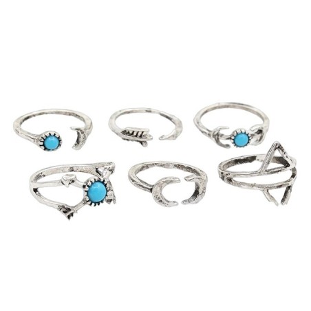 Set 6x Inele Dama, Zamo®, Bohemian Arrow, din Aliaj si Pietre Nepretioase, Diverse Dimensiuni, Culoare Argintie
