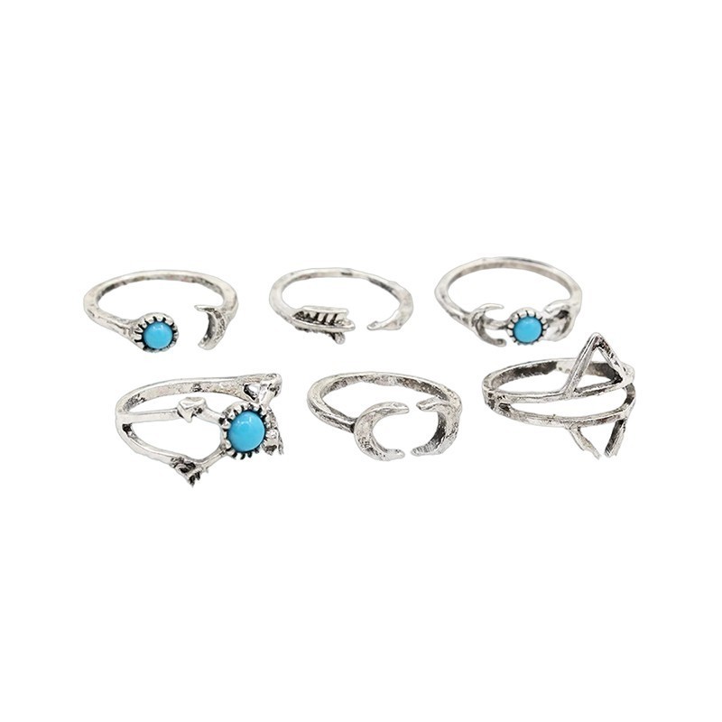 Set 6x Inele Dama, Zamo®, Bohemian Arrow, din Aliaj si Pietre Nepretioase, Diverse Dimensiuni, Culoare Argintie