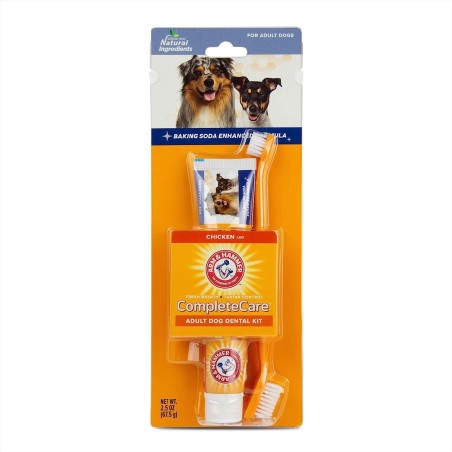 Set 1x Pasta de Dinti si 2x Periute pentru Caini, Arm & Hammer, Complete Care, Enzimatica, Aroma Pui, 67.5gr