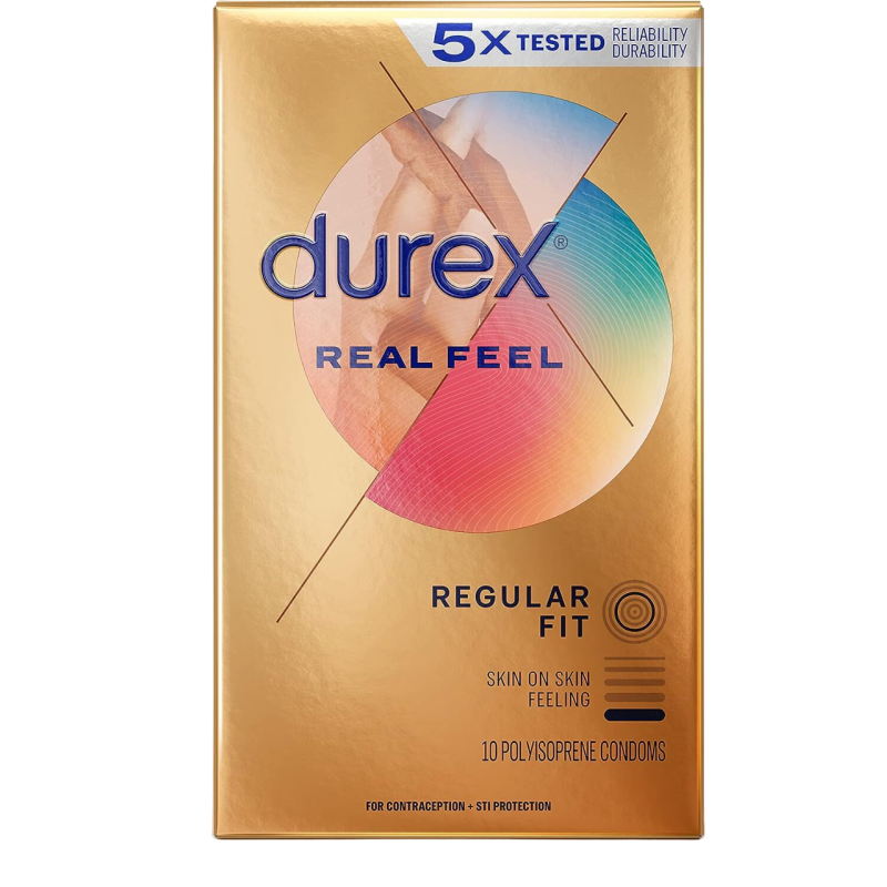 Set 10x Prezervative, Durex, Real Feel, fara Latex, fara alergeni, din Poliizopropen, Ultra Subtiri, Lubrifiate, Diametru 56mm