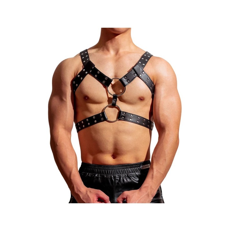Ham, Zamo®, Harajuku, Body Harness, pentru Barbati, cu Tinte Argintii si Piele Neagra