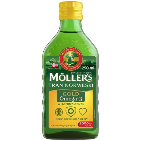 Ulei, Moller's, Cod Liver, din Ficat de Cod, cu Omega 3, Aroma de Lamaie, 250ml