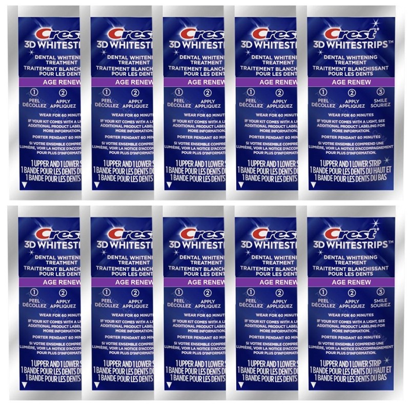 Set 10x Benzi Albirea Dintilor, Crest, 3D White, Age Renew, 14% Concentratie, Tratament 10 zile, 60 min, Nivel Albire 25